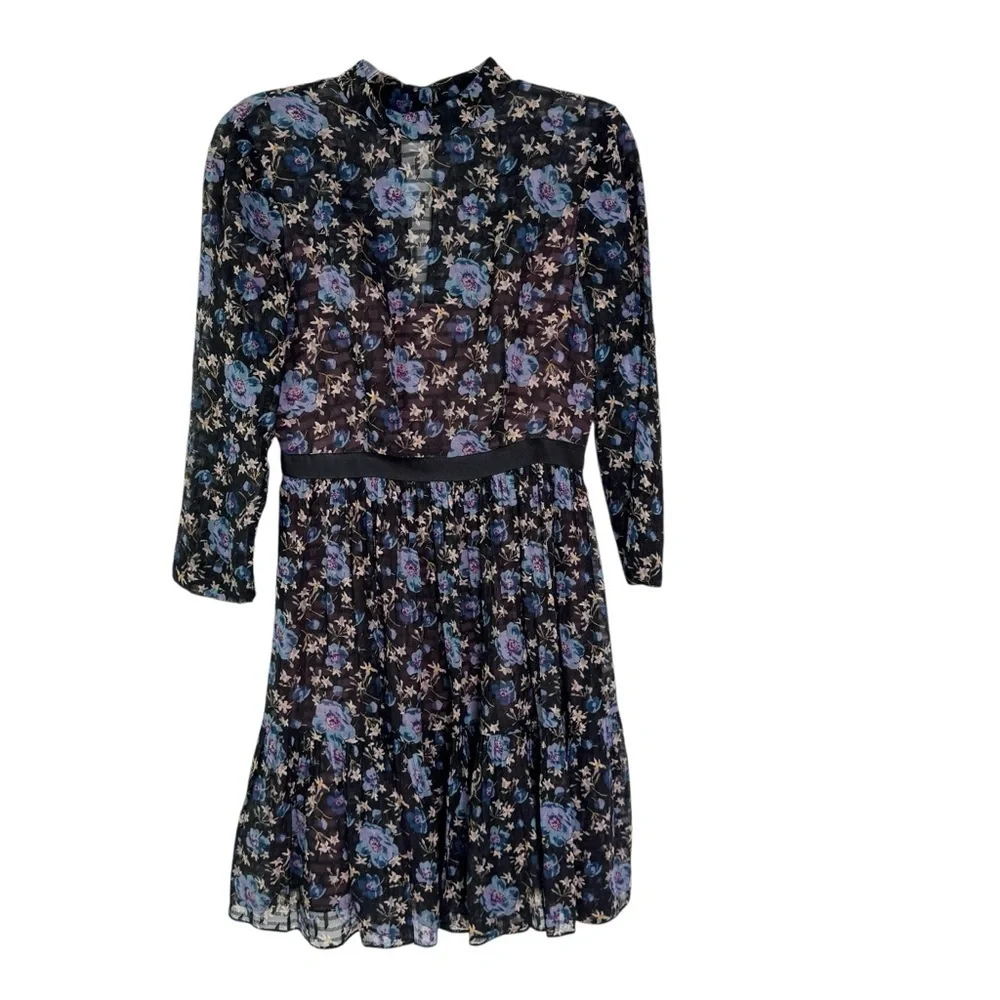 REBECCA TAYLOR Silk Solstice Floral High Neck Short Dress Black Size 0